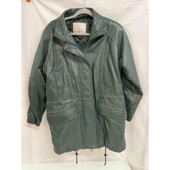 London Fog Womens Vintage Leather Coat Medium Green Jacket Pockets Lined Leather - Picture 1 of 9